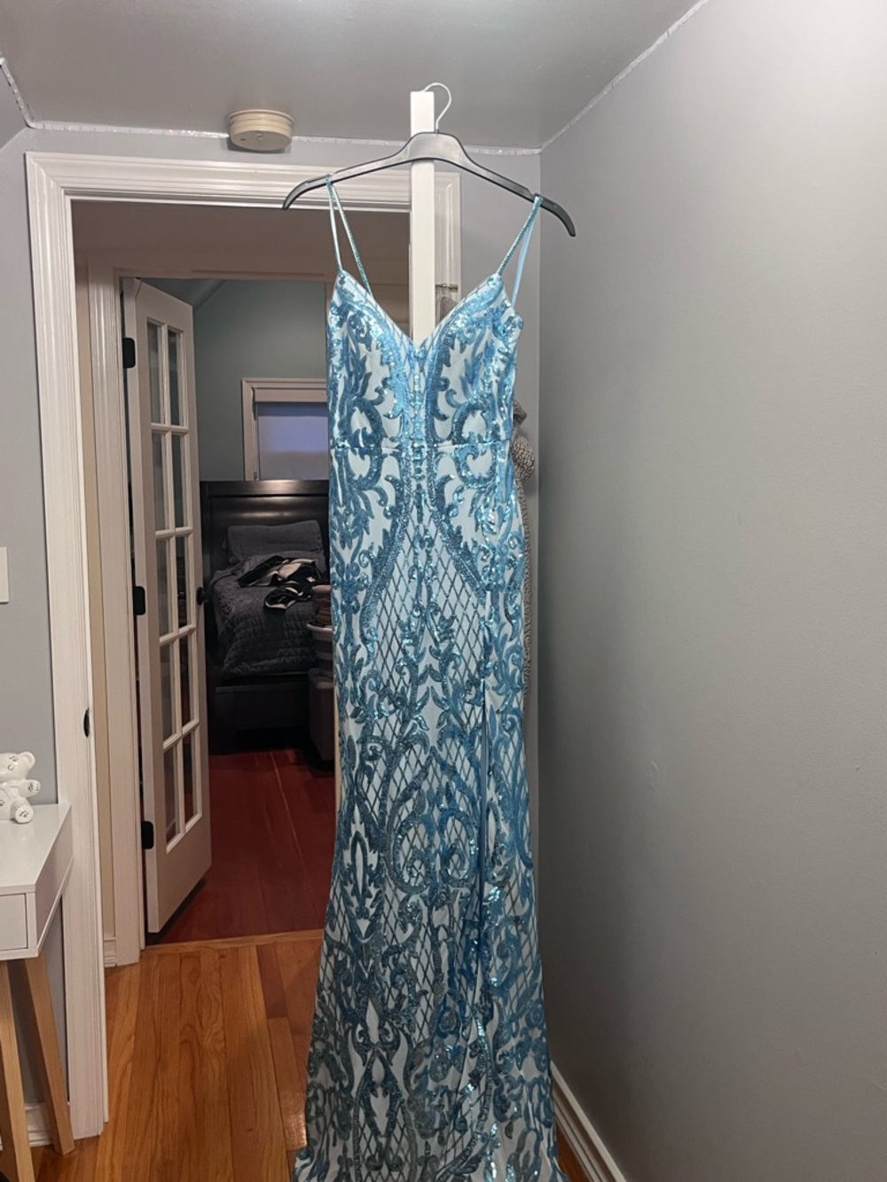 Blue Sequin V-Neck Evening Gown